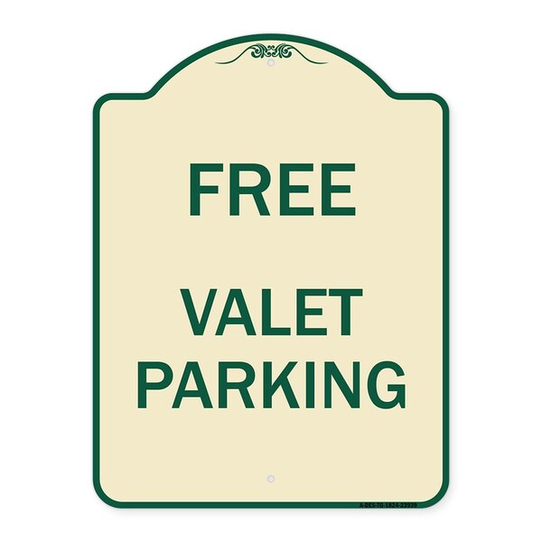 Designer Series Free Valet Parking, Tan & Green Heavy-Gauge Aluminum Sign, 24" x 18", TG-1824-23939